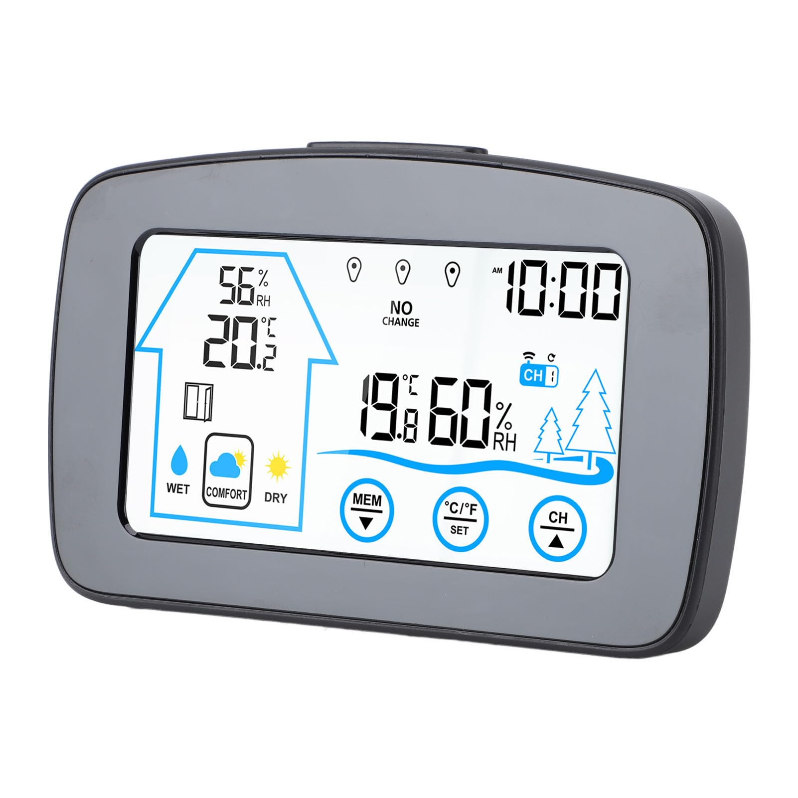 Hygrometer, Thermometer, Hintergrundbeleuchtung, Touchscreen-Taste, Wettervorhersage, Temperatur, Luftfeuchtigkeit, Messgerät für drinnen und draußen, Wohnzimmer, Schlafzim (Schwarz)