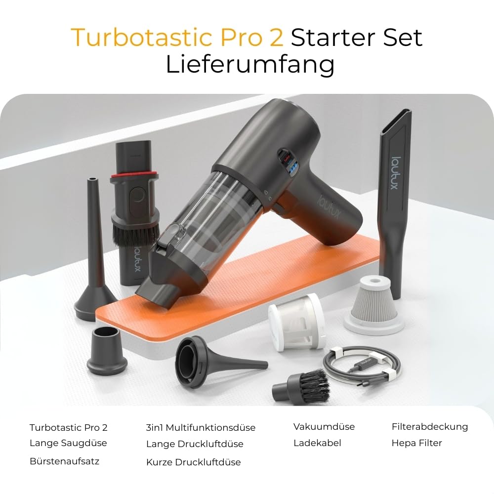 Turbotastic Pro 2 Handstaubsauger – 120W, 18.000Pa, bis 60 Min Laufzeit, HEPA-Filter, LED-Display, 4-in-1 Düsen (Auto, Tierhaare, Polster, Aufpumpen, Vakuumieren) (Nachtschwarz, Starter Set)