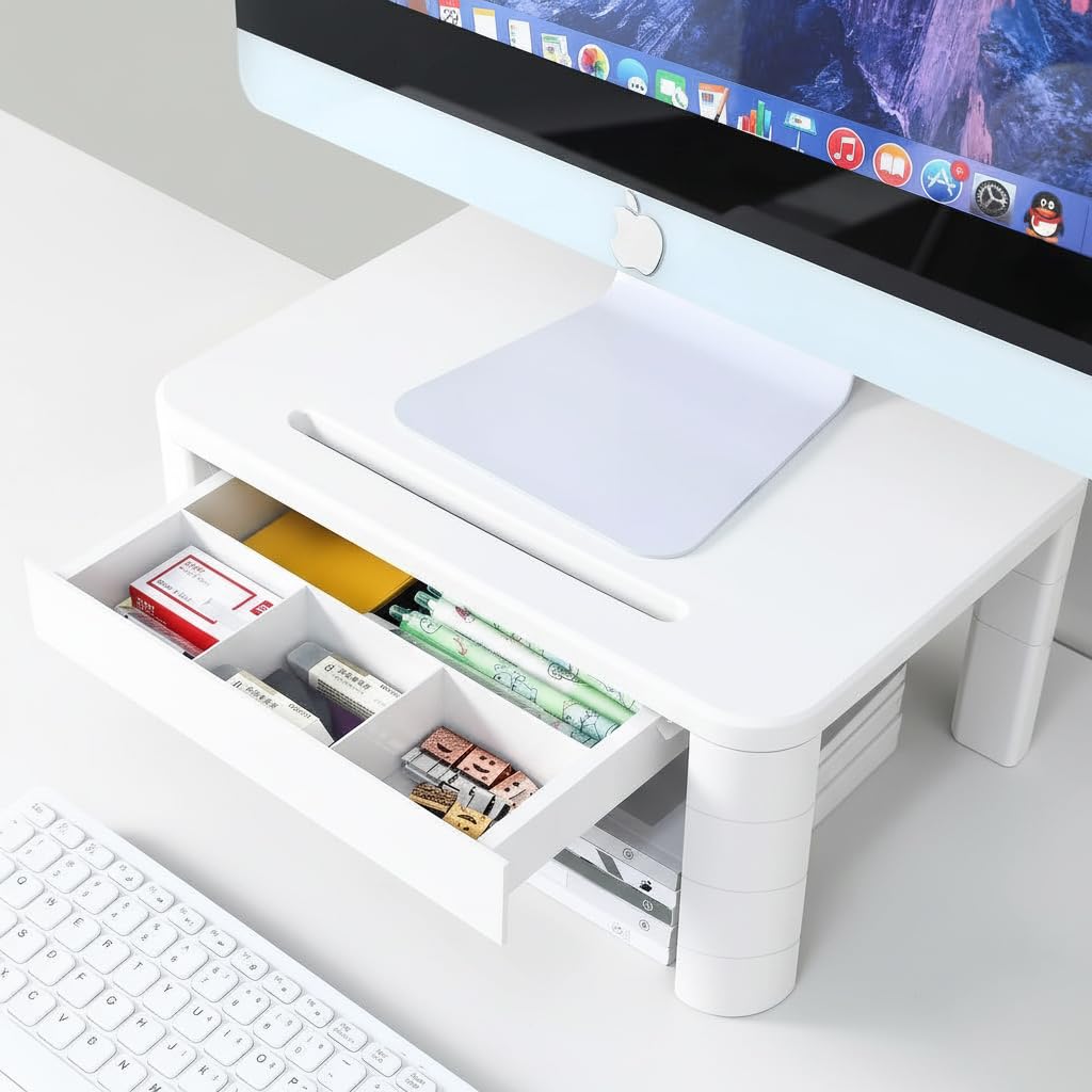 Koadoa White Monitor Stand With Drawer - Laptop Stand For Desk, 4 Height Adjustable Monitor Riser And Cellphone Holder, Computer Stand For Printer, Notebook, Home, Office (White)