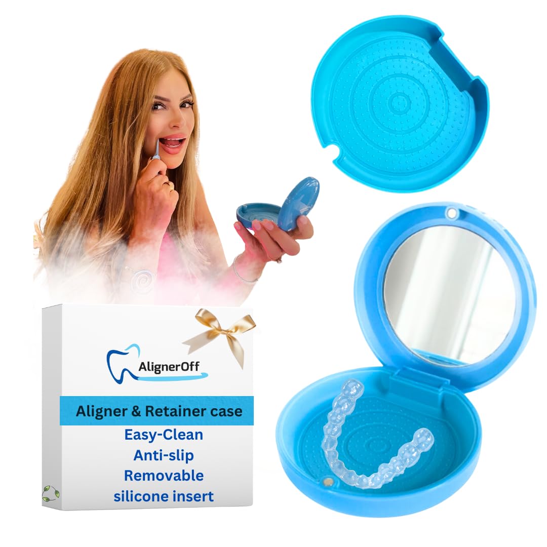 Blue retainer case With Built in Mirror - Magnetic Lock| Removable Premium Anti Slip Silicone Insert| Compatible with Aligners, Retainers and Nightguards – Ideal for Gifting