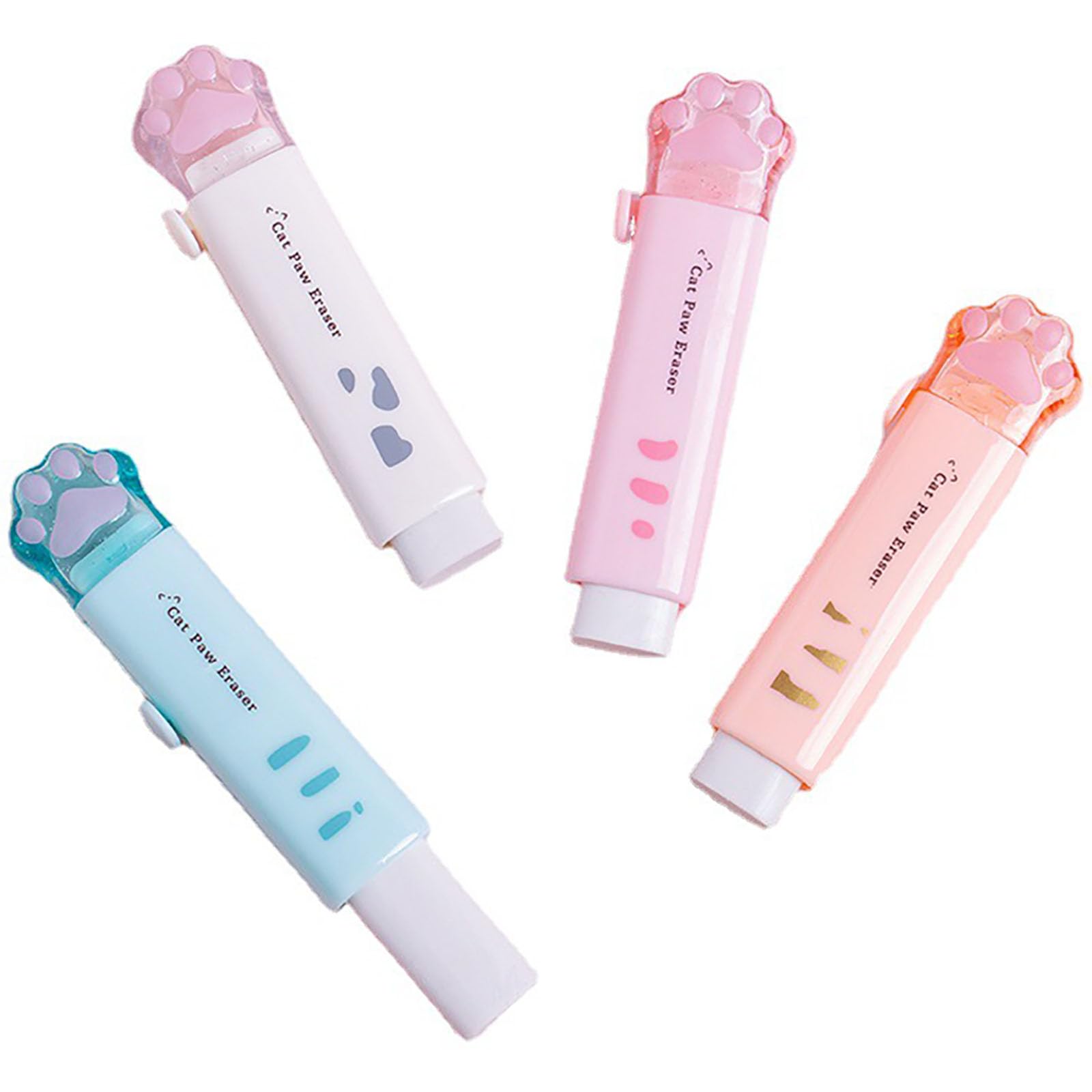 4Pcs Cat Paw Shaped Retractable Eraser - Kawaii Sliding Cartoon Rubbers for Students Writing, Office and School Supplies
