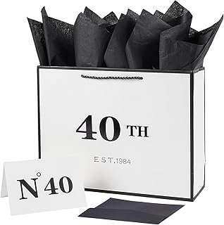 Jaywayang 40th Birthday White and Black Large Gift Bag with Card and Tissue Paper, Metallic Printing Keepsake Gift Vintage Bag for Men Women,