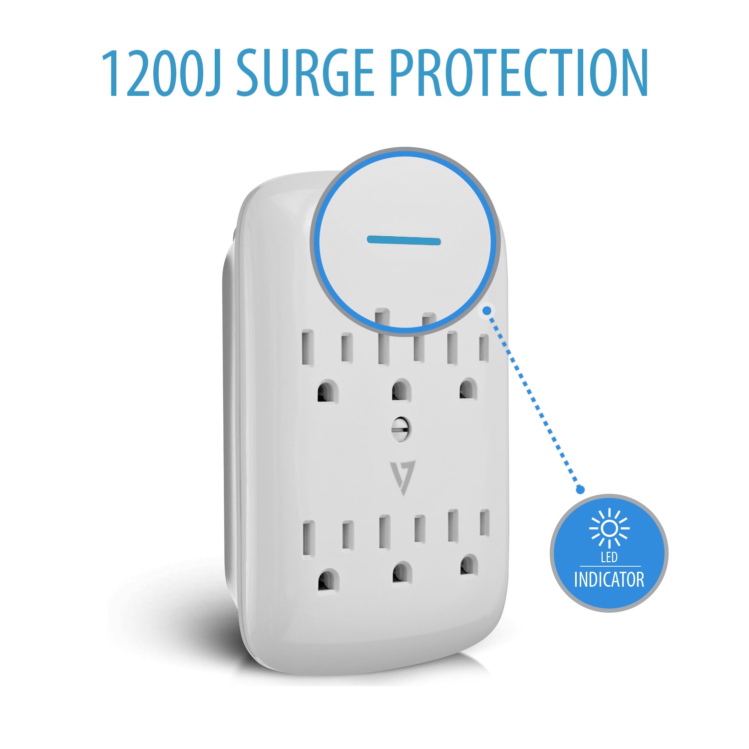 V7 SA06WALL-1N 6-Outlet Wall Tap Surge Protector, 1200 Joules – White