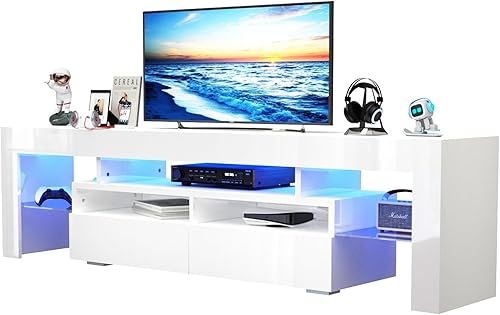 St.Mandyu Soporte de TV LED para TV de 657585 pulgadas, centro de entretenimiento moderno de alto brillo con cajón y luces LED, consola multimedia
