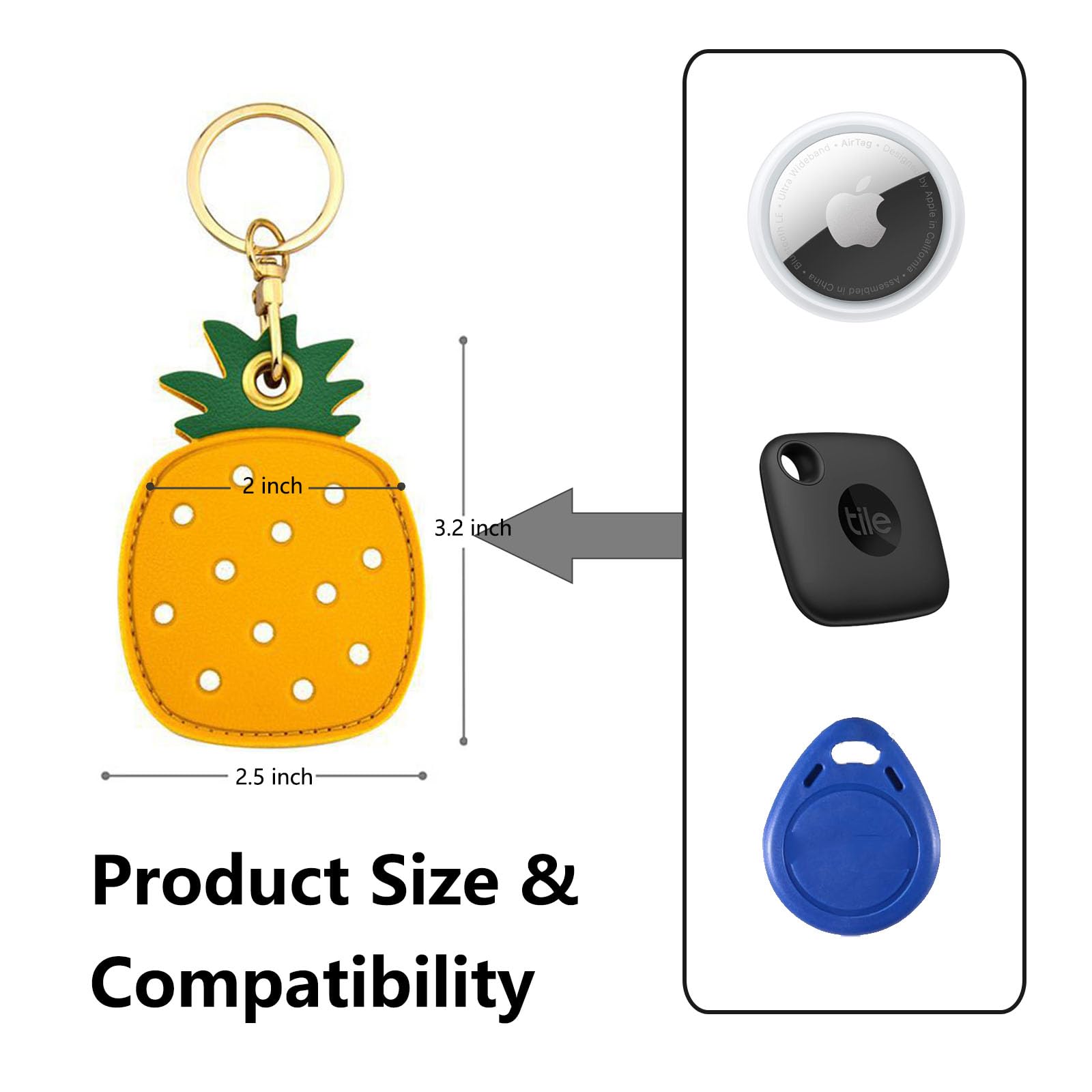 Universal Smart Tag Holder Fit for Tile Mate, AirTag, Galaxy SmartTag, eufy SmartTrack Link, Key Fob, Leather Cute Air Tracker Case with Key Rings, (Pineapple)
