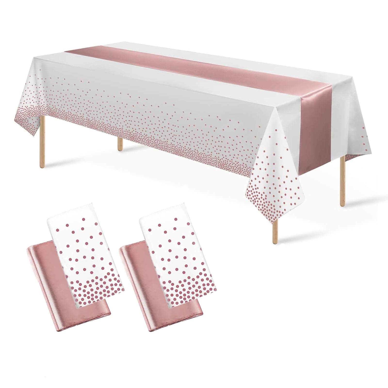 4Pack Disposable Plastic Tablecloths 137 * 274 cm and Satin Table Runner,Party Table Cloths,Gold Dot Confetti Table Cover for Birthday, Engagement, Wedding (White Rose Gold+ Rose Gold Table Runner)