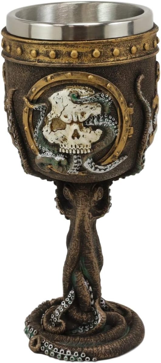 Ebros Nautical Cthulhu Cosmic Giant Octopus Wrecking Human Skull In Porthole Frame With Anchor Wine Goblet 7 oz Resin Drink Beverage Chalice With Stainless Steel Liner And Twisted Tentacles Stem Base