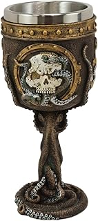 Ebros Nautical Cthulhu Cosmic Giant Octopus Wrecking Human Skull In Porthole Frame With Anchor Wine Goblet 7 oz Resin Drink Beverage Chalice With Stainless Steel Liner And Twisted Tentacles Stem Base