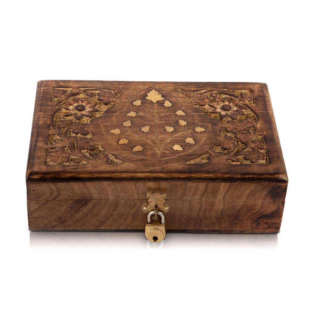 Christmas Ideas for Women Decorative Wooden Jewelry Box with Free Lock & Key Treasure Chest Keepsake Watch Box Floral Brass Inlay 8 * 5 Inches Unique Birthday Girls by The Great Indian Bazaar