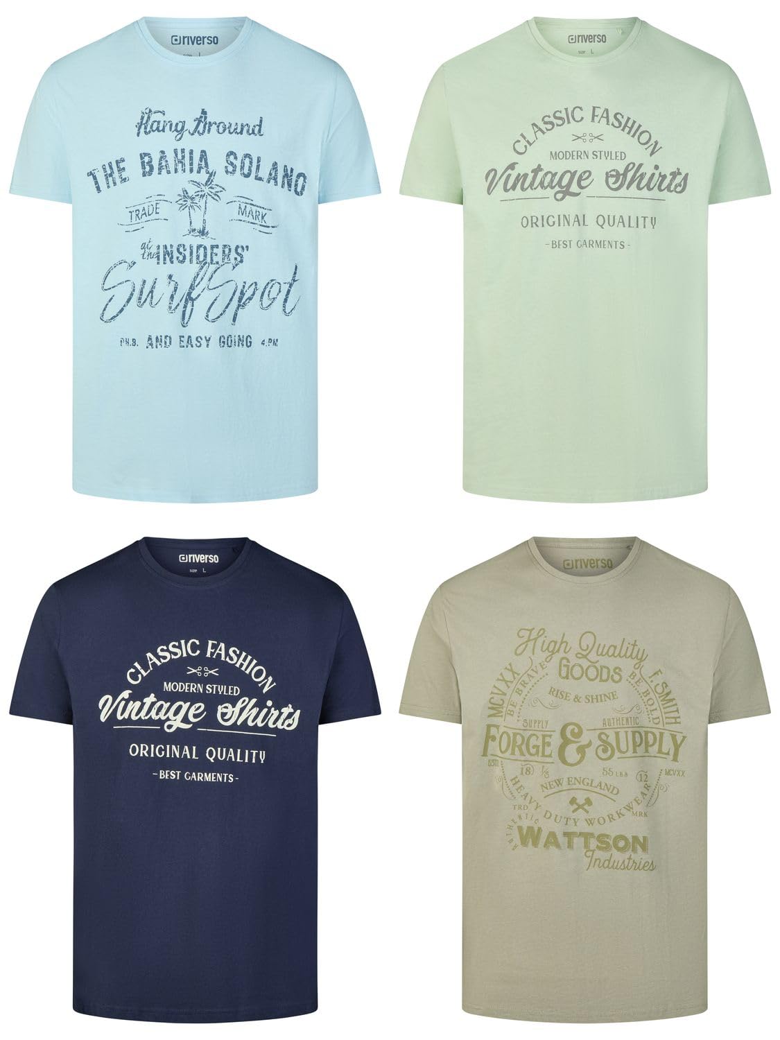 riverso RIVLeon męski T-shirt z okrągłym dekoltem, 4 sztuki, okrągły dekolt, z krótkim rękawem, z nadrukiem, 100% bawełna, regularny krój, zielony, niebieski, biały, szary, czerwony, pomarańczowy, S, M, L, XL, 2XL, 3XL 4XL