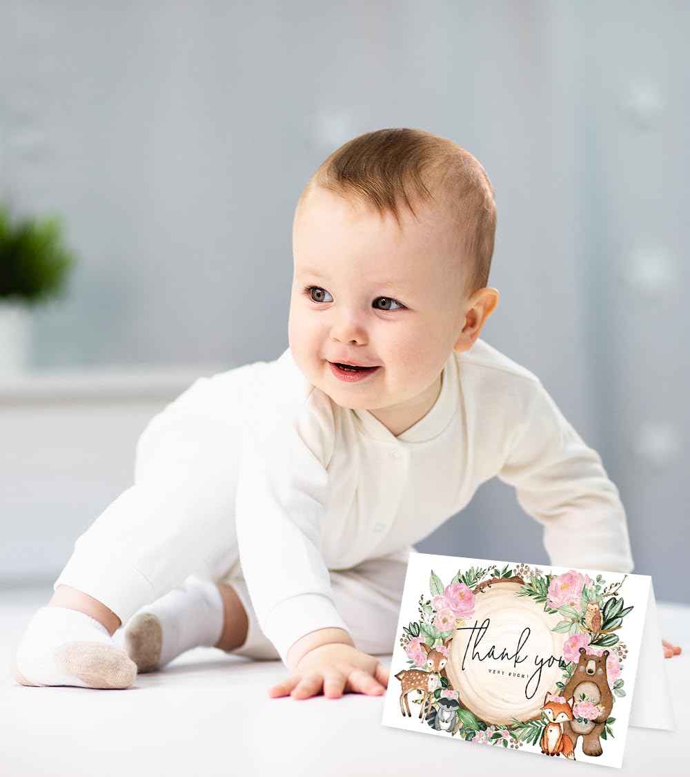 JarThenaAMCS Paquete de 50 tarjetas de agradecimiento del bosque en caja, tarjetas de felicitación de animales del bosque con sobres, calcomanías en blanco, tarjetas de notas en blanco para baby