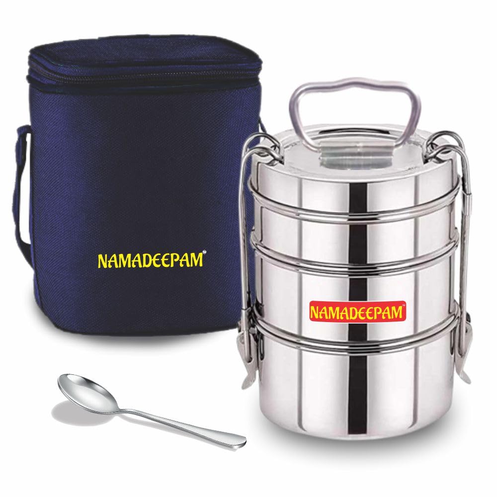 Namadeepam Stainless Steel 3 Compartment Lunch Box/Tiffin Box, Spoon with Blue Bag Combo for School, College, Office and Travel | Durable, Reusable & Easy to Clean.1200ML Capacity(Each 400ML)