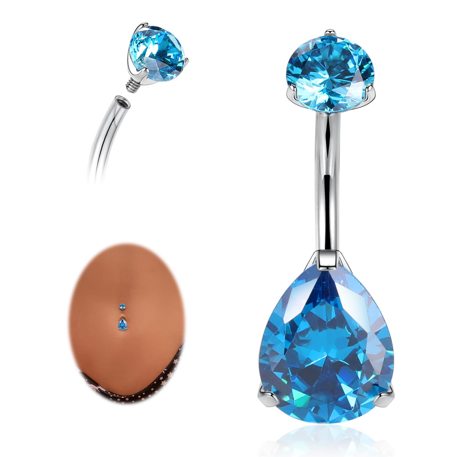 AROWRO Gold Belly Button Ring G23 Titanium Hypoallergenic 14G belly ring for Women Men Teardrop Navel Piercing Jewelry 10mm Barbell With Cubic Zircon