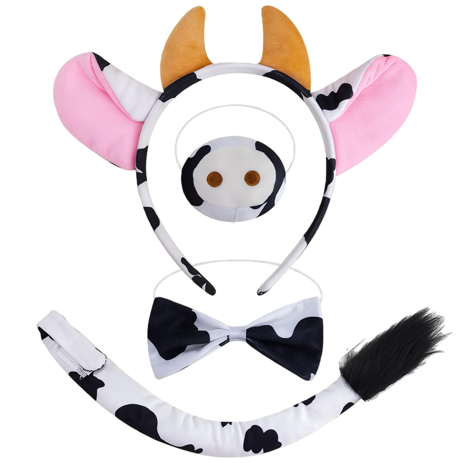 HUNUH 4PCS Animal Cow Costume,Cow Ear Headband,Nose,Tail, Bow Tie Set,Cow Outfit Animal Themed Costume Accessories for Halloween Carnival Cosplay Party Dress up