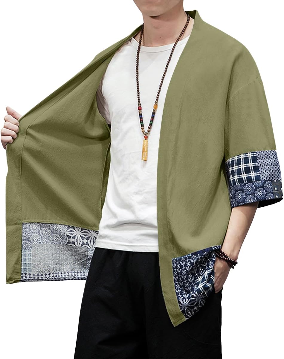 PRIJOUHE Men's Kimono Jackets Cardigan Lightweight Casual Cotton Blends Linen Seven Sleeves Open Front Coat Outwear - Image 6
