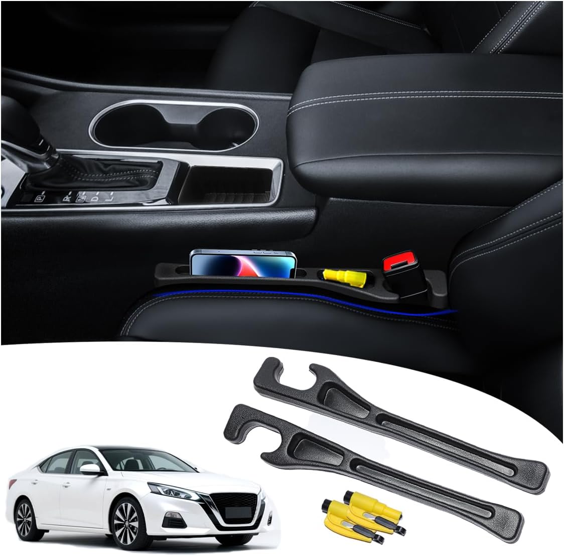 Seat gap filler Compatible with Toyota RAV4.Deeper Than Standard Retail Models(7.5cm)|Added Cup Holder (2 Fixed Points) + Hooks + Charging Cable Port |2pcs Black| Free Window Break Hammer 1pcs|