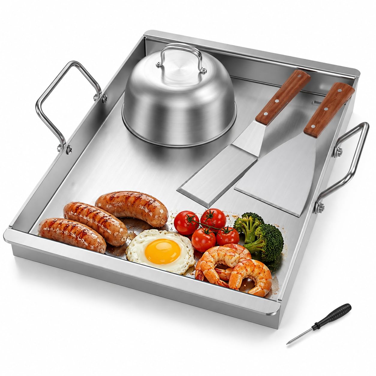 Plancha de acero inoxidable, 40 x 30 cm (4 mm de grosor), juego con campana de hamburguesa y 2 espátulas, placa de hamburguesa maciza para barbacoa de gas y parrilla de carbón, plancha inoxidable para