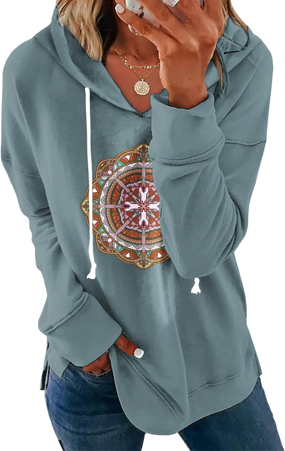 Women's Brown Mandala Print Hoodie Long Sleeve Loose Fit Pullover Sweatshirt With Drawstring For Fall Winter