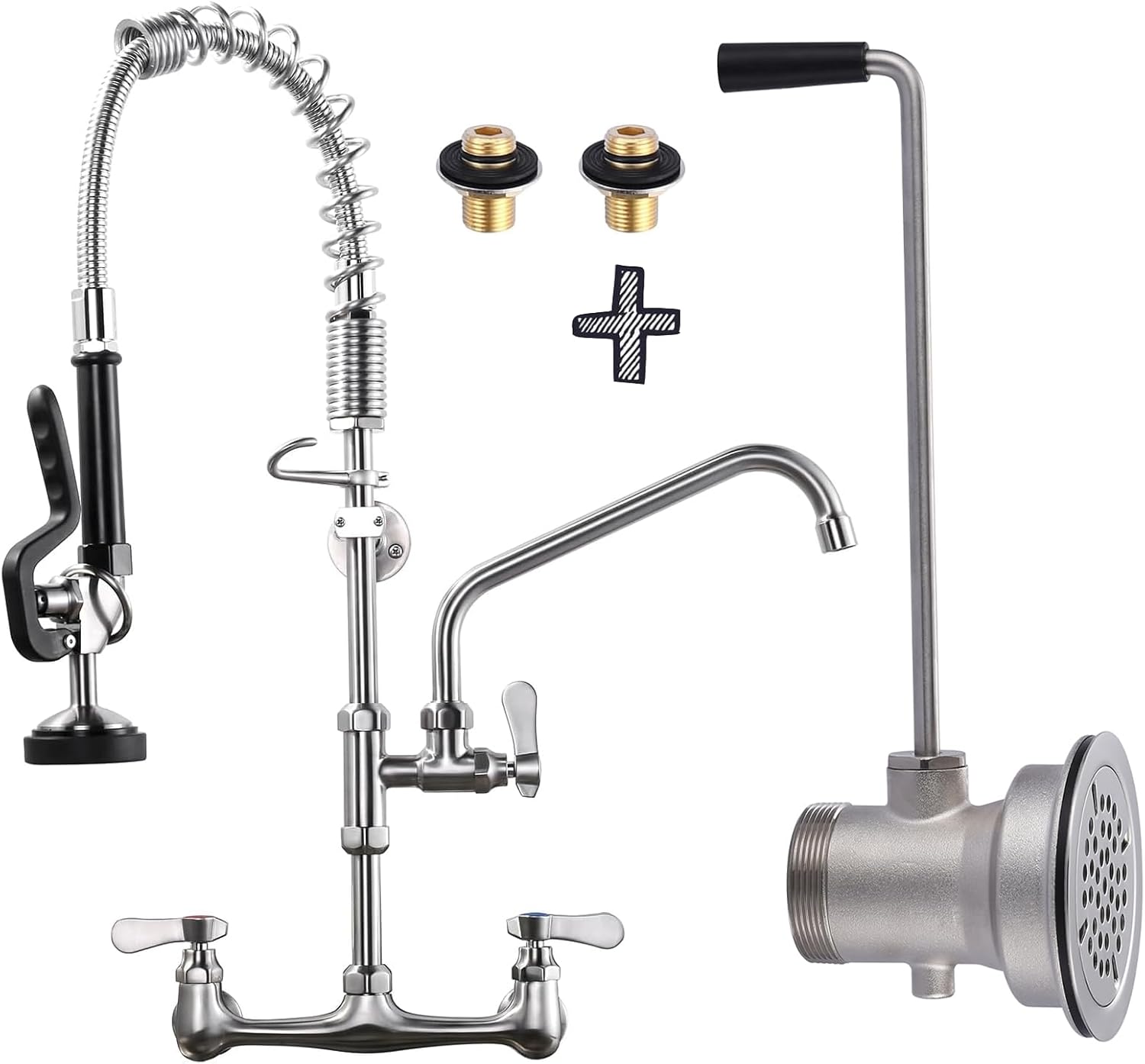 [New Upgrade] Brushed Nickel Commercial Kitchen Faucet with Pre-Rinse Sprayer & Commercial Sink Drain