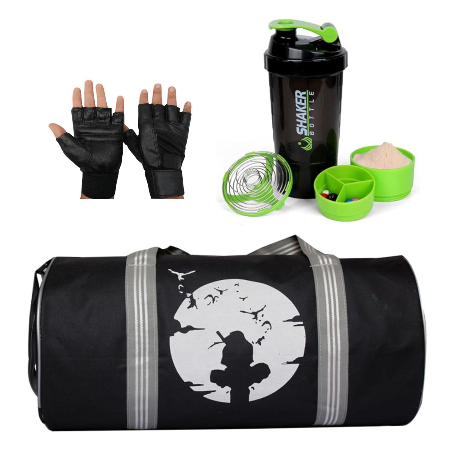 Anime Itachi Printed Gym Bag Combo Set of Gym Bag with Wrist Support Band and Shaker Bottle with Sport Gloves (Grey)-image-45