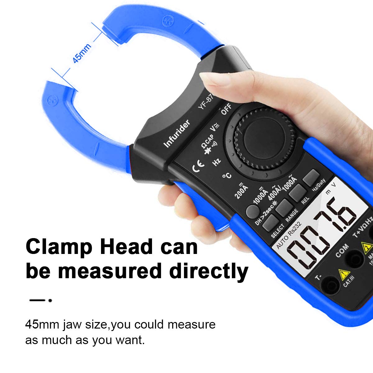 Infurider YF-870N Clamp Meter measuring a single wire, highlighting 45mm jaw size