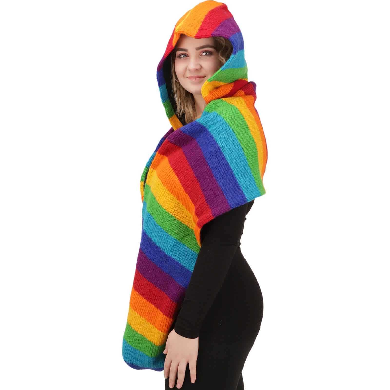Kunst und Magie Damen Kapuzenschal Loop Schal Hoodie Schalmütze Poncho Regenbogenfarben aus Wolle gestrickt Strick Kapuze