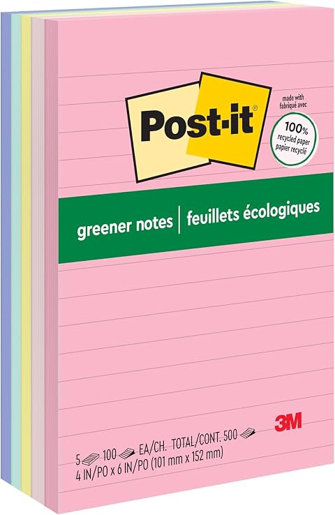 Post-it Greener Notes, 4 x 6 in, Sweet Sprinkles Collection, 5 Lined Pads | Made with 100% Recycled Paper