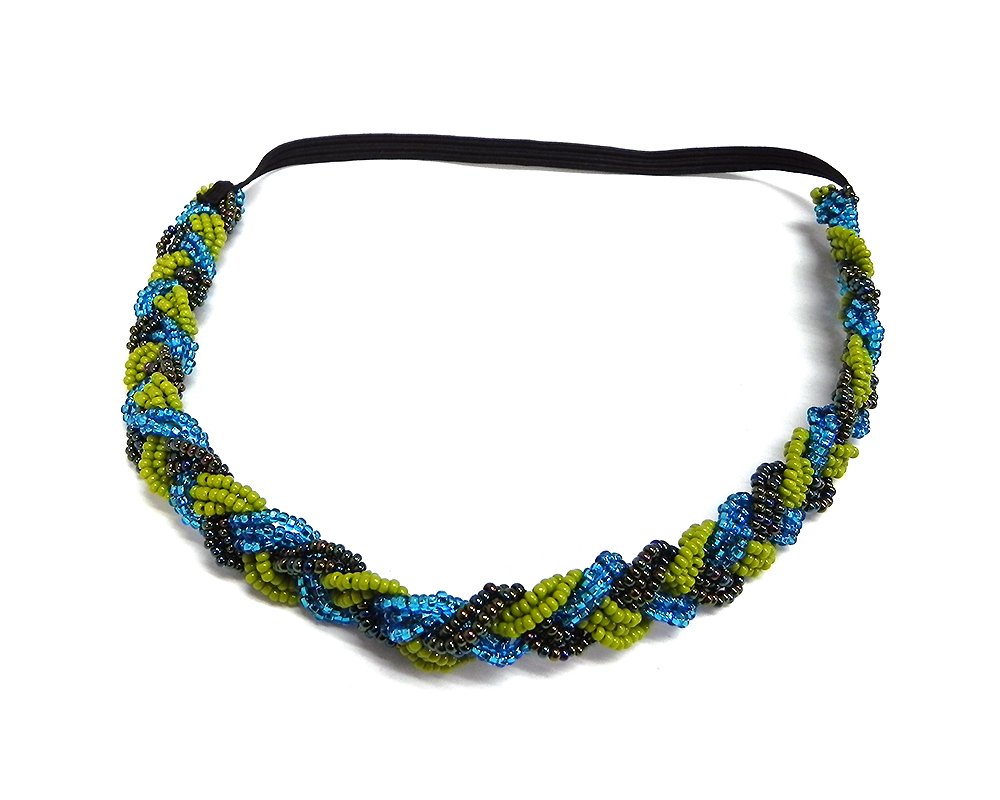 Braided Seed Bead Jewel Beaded Stetchy Elastic Strap Headband Handwoven Women's Fashion Hair Accessory (Lime-Green/Turquoise)