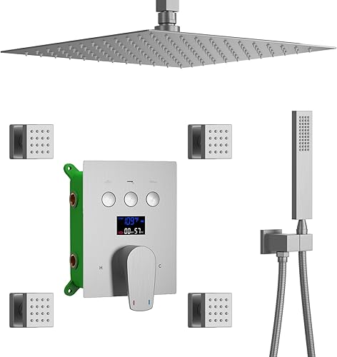 Sistema de ducha de níquel cepillado, juego de grifo de ducha de lujo de 12 pulgadas con 4 chorros corporales, accesorios de ducha con válvula