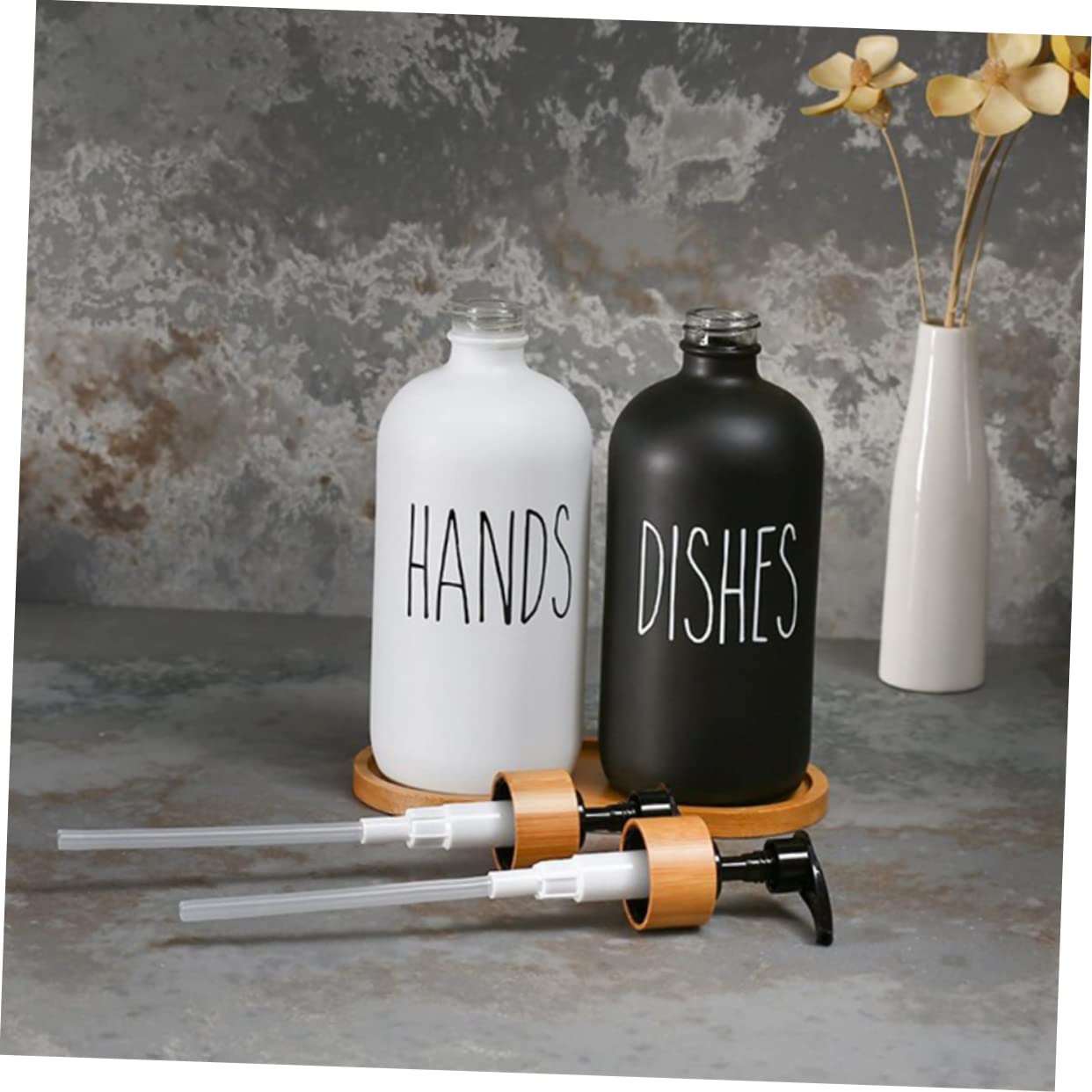 Dispensador de Jabón Líquido de Vidrio con Bomba, 1 Juego | Bandeja de Madera Incluida, para Lavabo y Ducha, Recargable Diseño de Presión