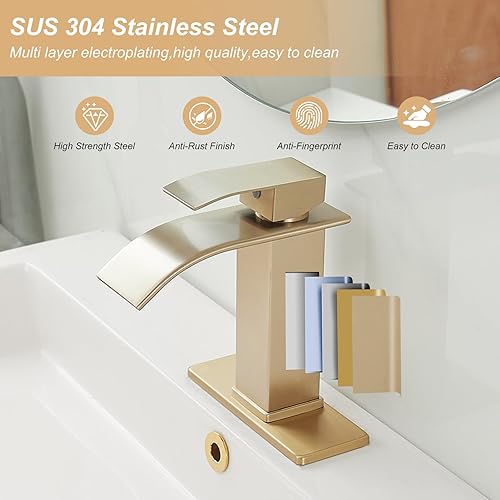 Miniatura 4 de Grifo de lavabo de baño de oro cepillado, cascada, de un solo agujero, tocador moderno con desagüe desplegable con desbordamiento de 1 o 3 agujeros,