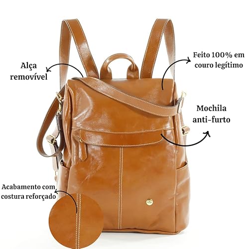 Mochila Feminina em Couro Legitimo Anti furto Notebook Escolar Viagem (Caramelo)