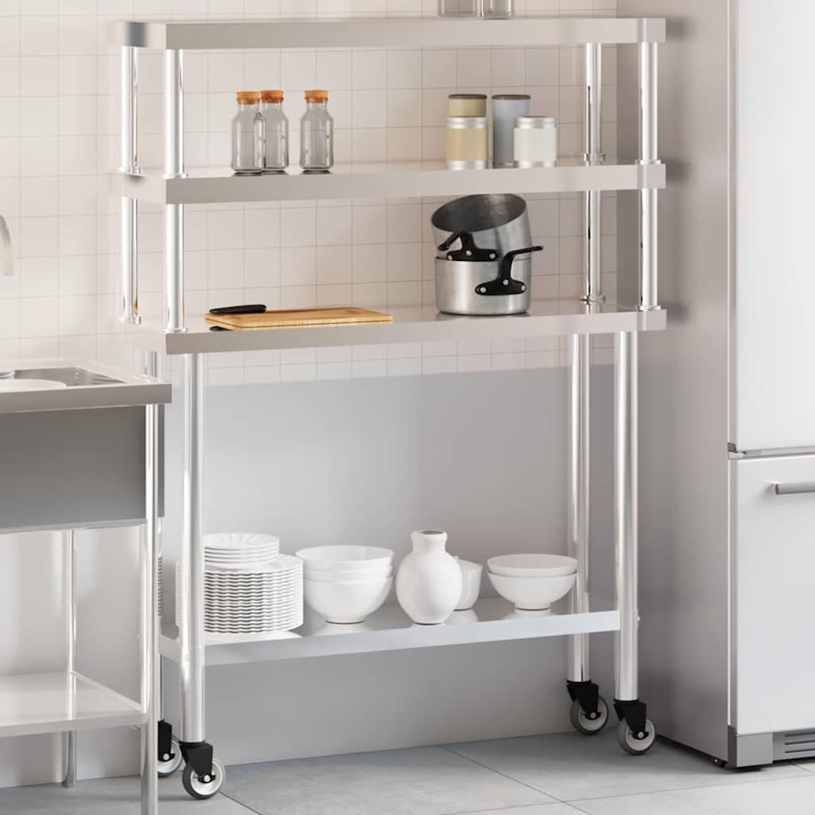 Homgoday Tavolo da Lavoro in Acciaio Inox, Argento, 110x30x150 cm, 2 Ripiani, con 4 Ruote (2 con Freno), per Cucina Professionale