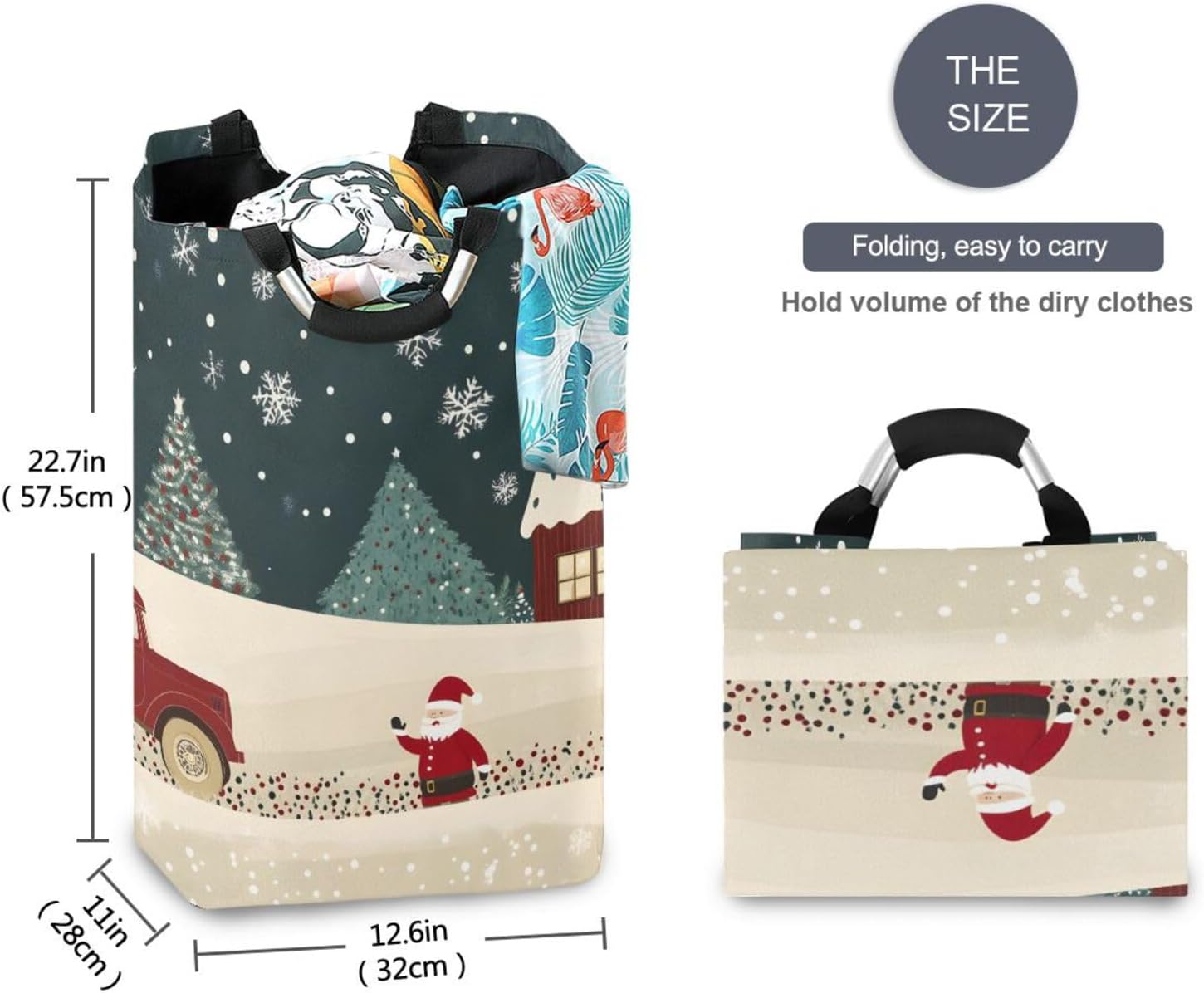 AIXIWAWA Cartoon Christmas Winter Laundry Basket Hamper 1 Pack, Collapsible Clothes Holder Dorm Home Laundry Bag with Handles