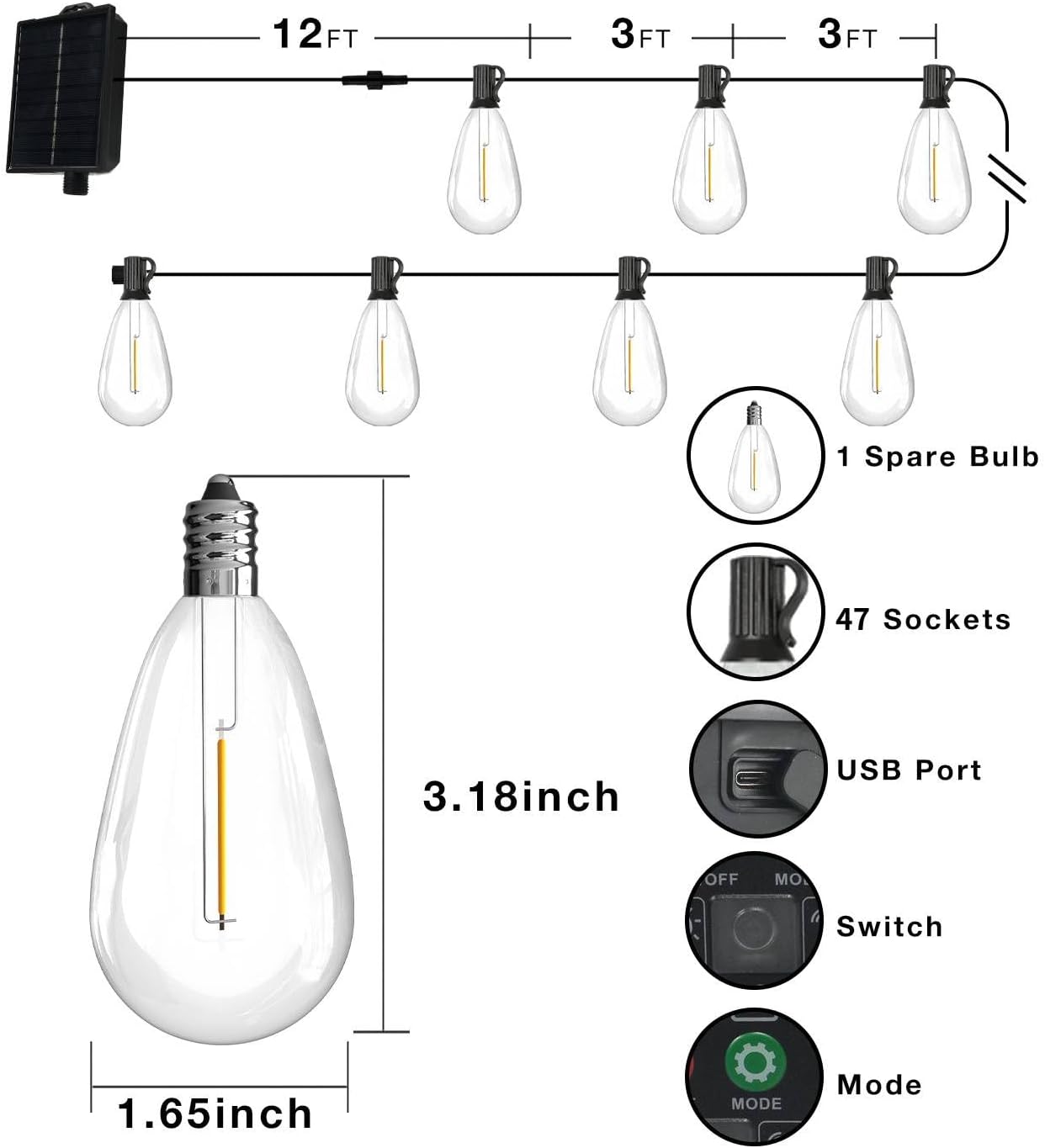DAYBETTER 150FT Solar String Lights Outdoor Waterproof with Remote & USB Port Dimmable & Timmer,Solar Patio Lights 47+1 LED Shatterproof Bulbs 8 Light Modes,String Lights for Outside Camping Backyard