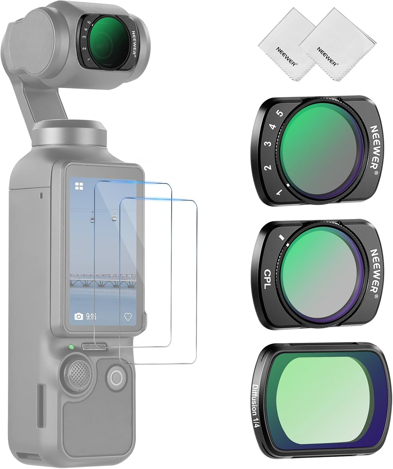 NEEWER Filtre Variable ND+CPL+1/4" Diffusion Noir Compatible DJI Osmo Pocket 4 3, ND2-32, HD Multicouches avec 2 Protections d'écran