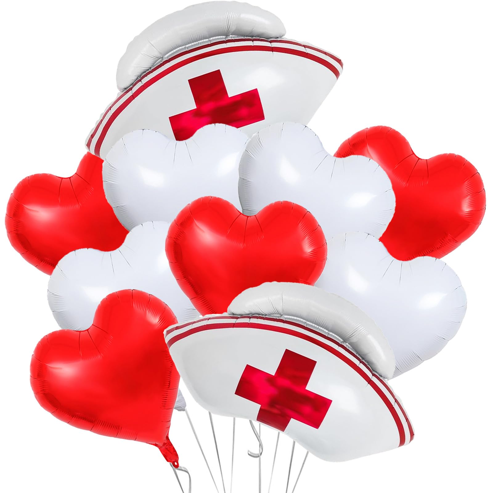 Cheosruy 10pcs Nurse Cap Balloons, Red & White Heart Shapes, Large, Self-Sealing, Perfect for Nurse Graduation, RN Themed Parties, Birthdays, Weddings