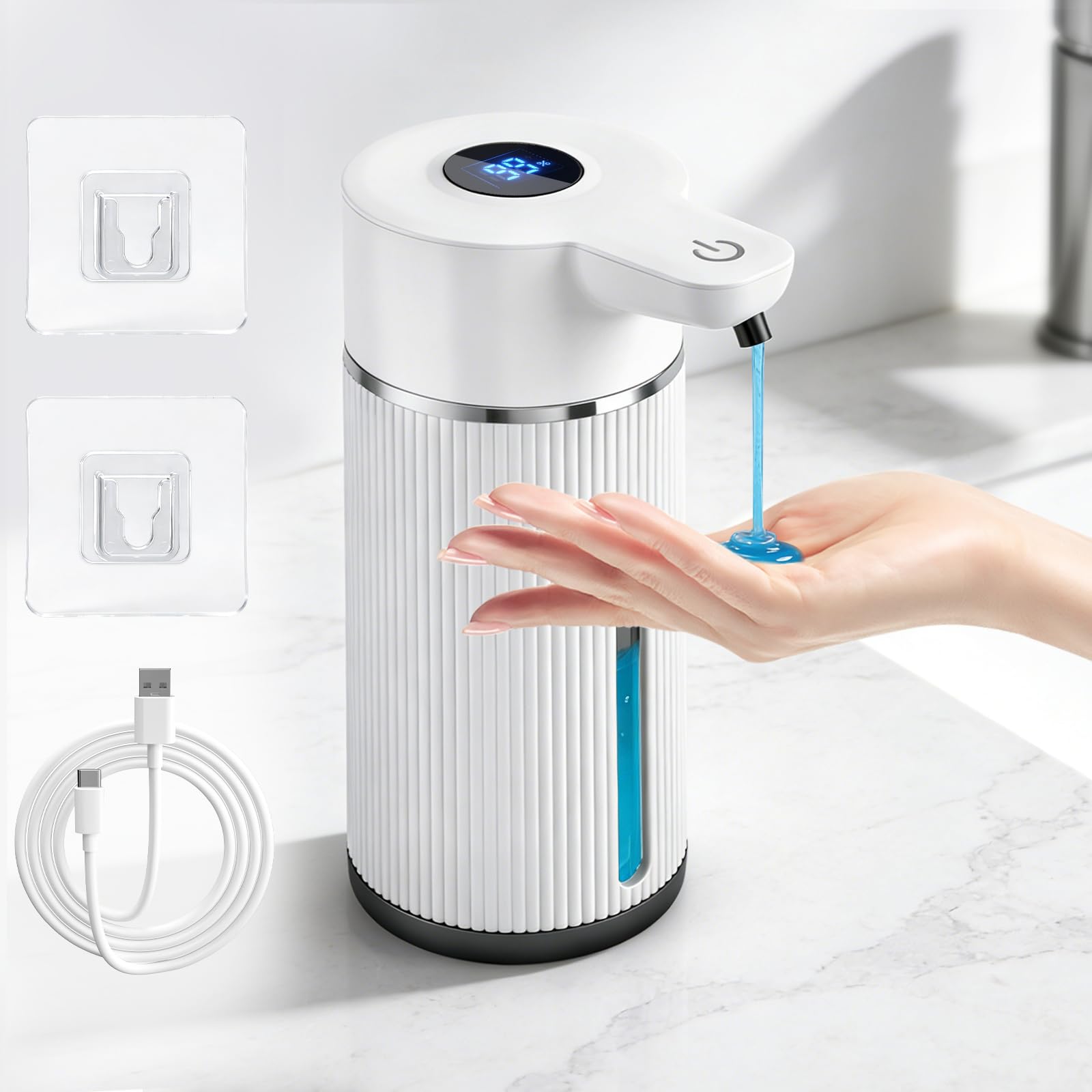 Distributeur Savon Automatique, 420ml Distributeur Savon Mural Automatique avec Capteur Infrarouge, Distributeur Savon Rechargeable 4 Vitesses, Étanche IPX5, Adapté à la Cuisine, Salle de Bain, Blanc