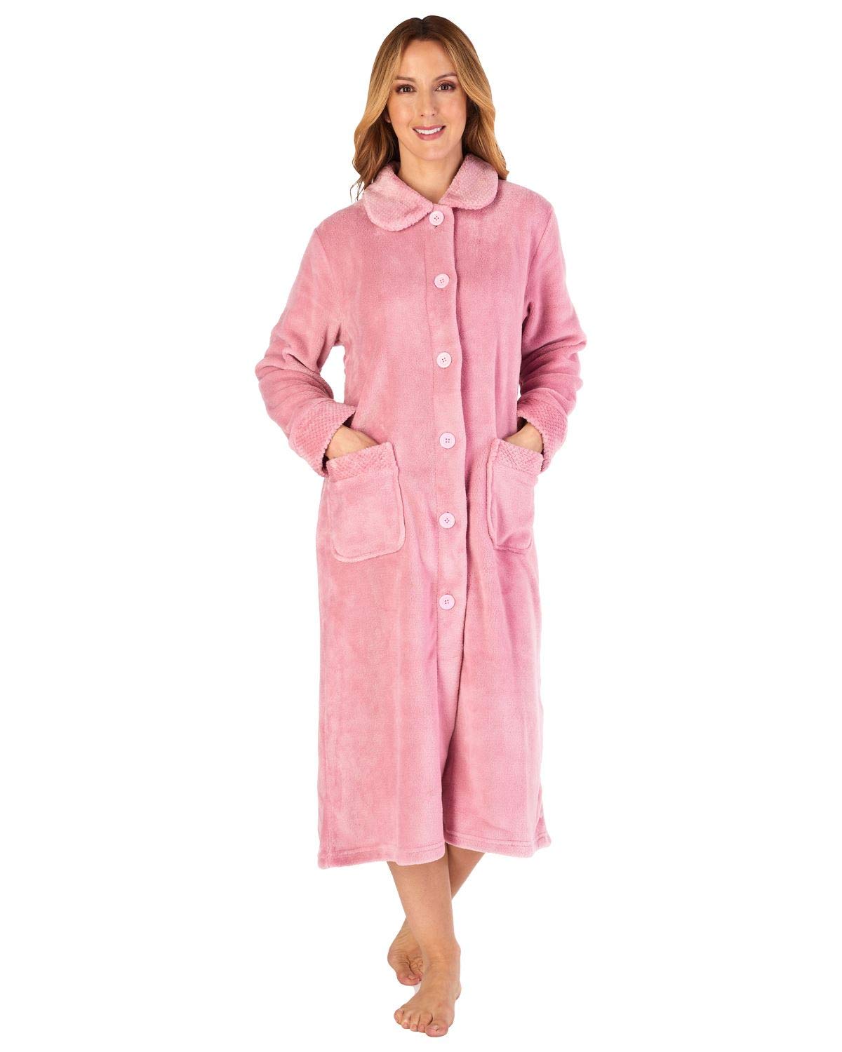 Slenderella Ladies Button Up Coral Fleece Dressing Gown Bath Robe with Waffle Detail XXL (Pink)