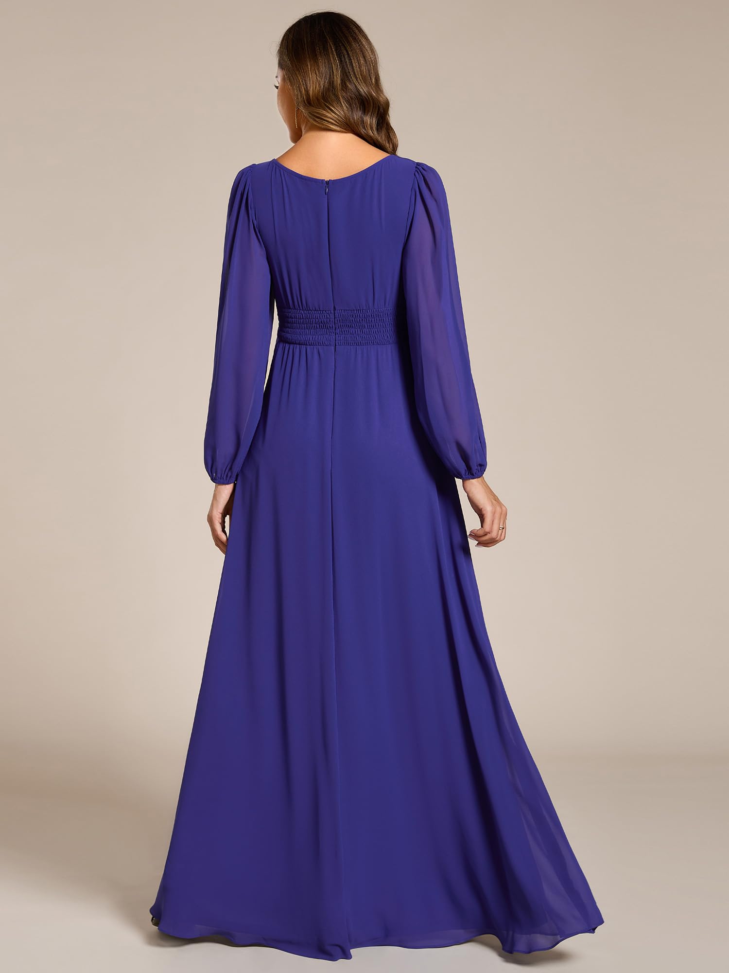 Ever-Pretty Vestito da Sera Donna Lungo Cintura Rotondo Manica Lunga Elegante Abiti da Cerimonia Blu Zaffiro 44