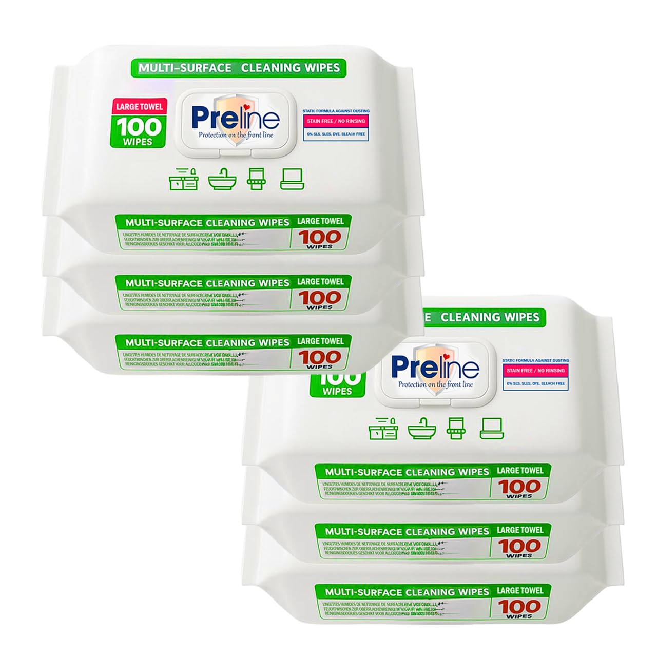 Preline Multi Surface Oberflächenreinigungstücher, feuchte Allzwecktücher extra dick & breit, weißer Seifenduft, für Haushalt, Küche & Bad, 100 Stück (6er Set)