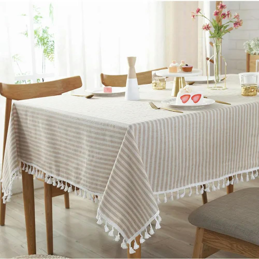 Mantel Cuadrado de Lino y algodón con Estampado de Rayas Mantel de Comedor con borlas Cubierta para Mesa de Banquete de Cocina 60~250cm