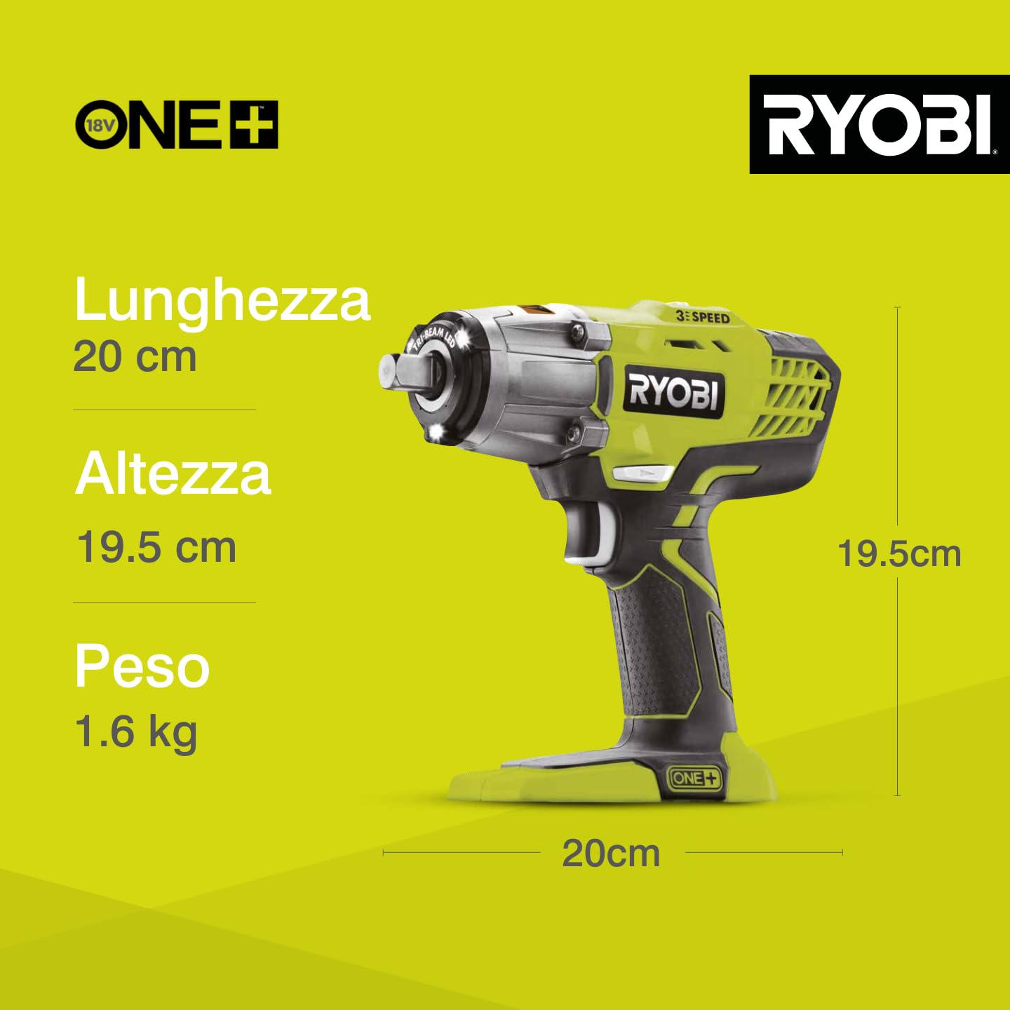 RYOBI R18IW3-0 Avvitatore ad Impulsi 1/2" a Batteria 18V ONE+, Batteria non Inclusa, 3 Velocità, 3.200 Colpi/Minuto e Velocità a Vuoto 0-2.900 Giri/Minuto