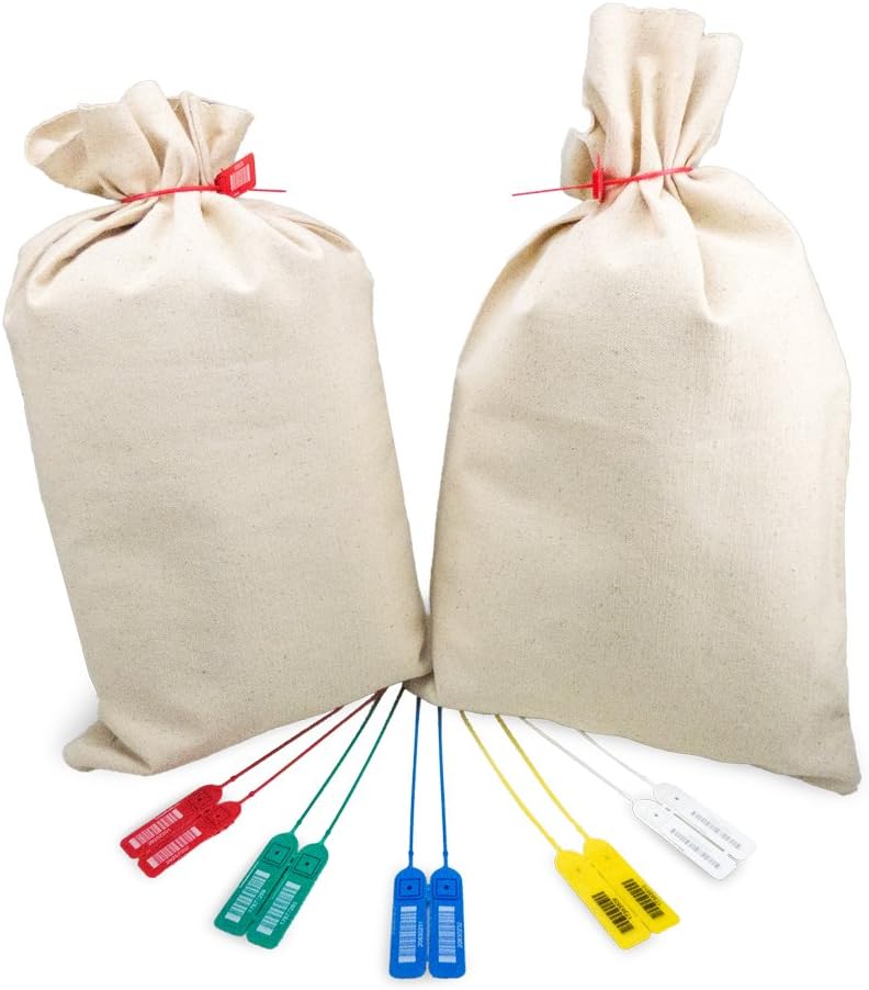 Cloth Coin Bag, 12'' x 19'', 5 Pack with Assortment of Security Seals