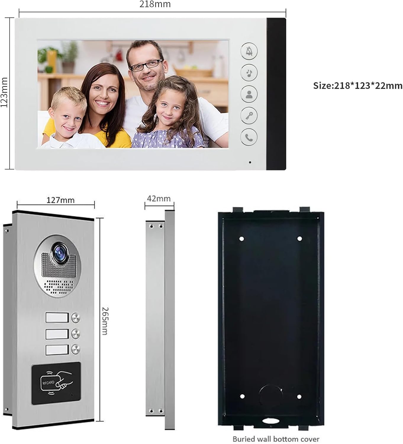 Diagram showing the dimensions of the outdoor doorbell unit and the indoor 7-inch monitor in millimeters.