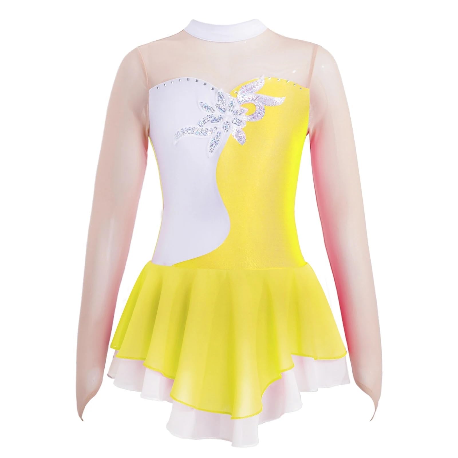 Kinder Mädchen Langarm Strass Eiskunstlaufkleid Patchwork Ballett Gymnastik Performance Kleidung