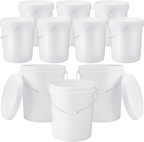 Gerrii Paquete de 10 cubos de plástico blanco con asa y tapa, contenedores de almacenamiento de alimentos, cubo multiusos para pintura, agua,