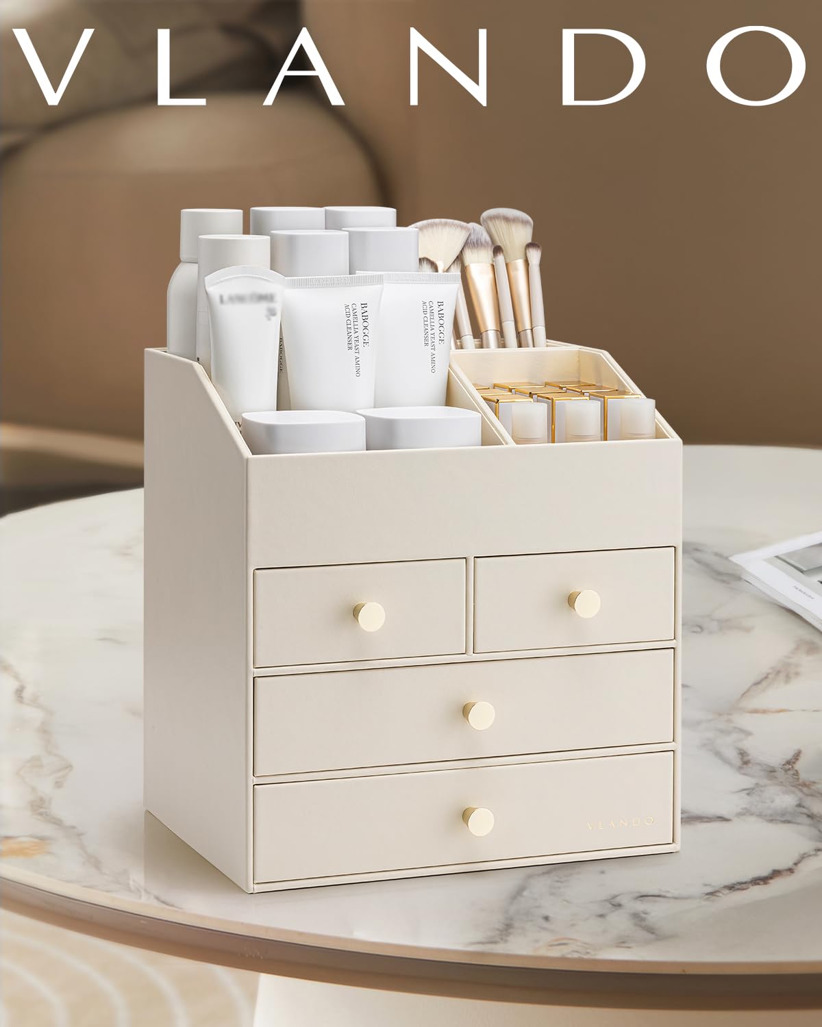 VLANDO Make up Organizer mit 4 Schubladen, Kosmetik Organizer für Badezimmer, Beige