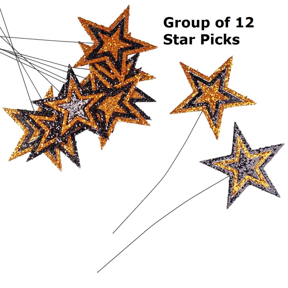 Group of 12 Orange and Black Glittered Halloween Star Picks for Decorating and Crafting by Factory Direct Craft
