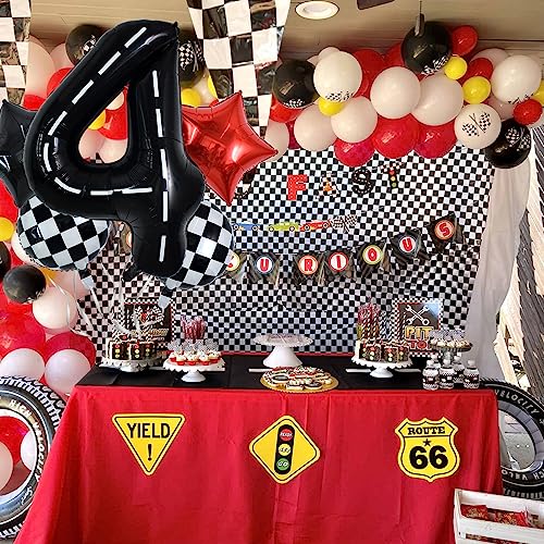 Image of TONIFUL 40 Inch Race Car 4th Birthday Balloons Racetrack Number 4 Black & White Checkered Balloons Boys Car Themed Birthday Party Decor
